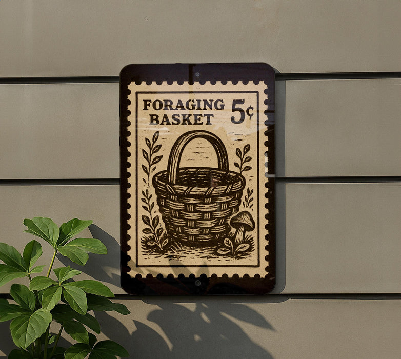 a sign with a basket illustration, mounted on a wall.