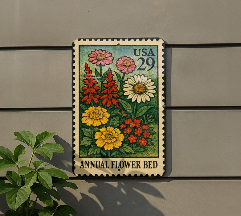 A colorful postage stamp featuring a floral design is displayed on a wall, with a plant to the left.