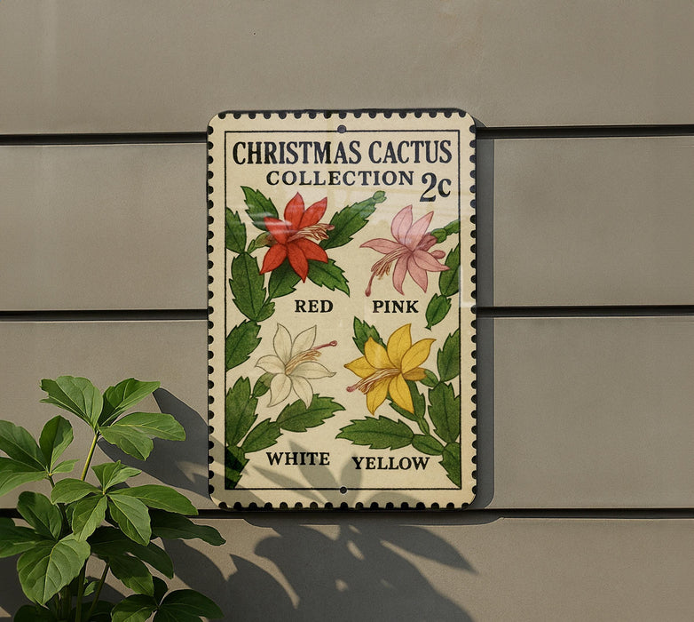 a Christmas cactus collection sign with illustrations of red, pink, white, and yellow flowers, mounted on a wall.