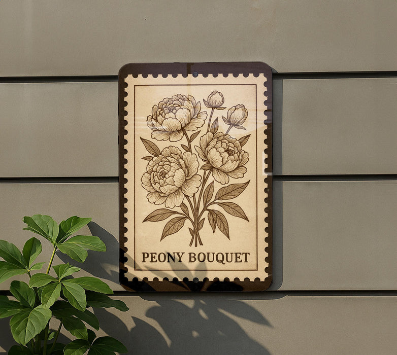 A framed illustration of a peony bouquet is displayed on a wall, with the text "PEONY BOUQUET" below the image.