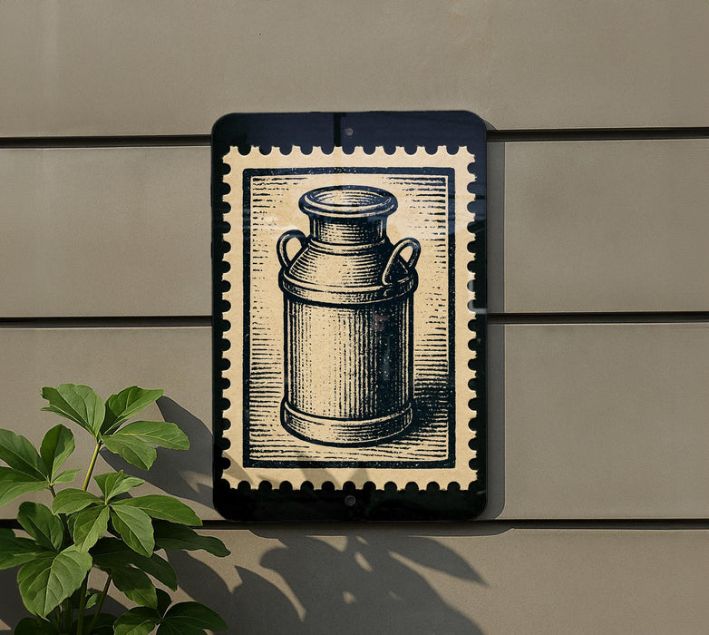 a black and white illustration of a milk can mounted on a wall, with a plant to the left of the frame.