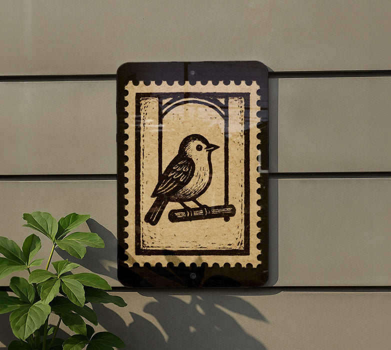 a bird perched on a branch, depicted in a black and white stamp-like design on a wall.