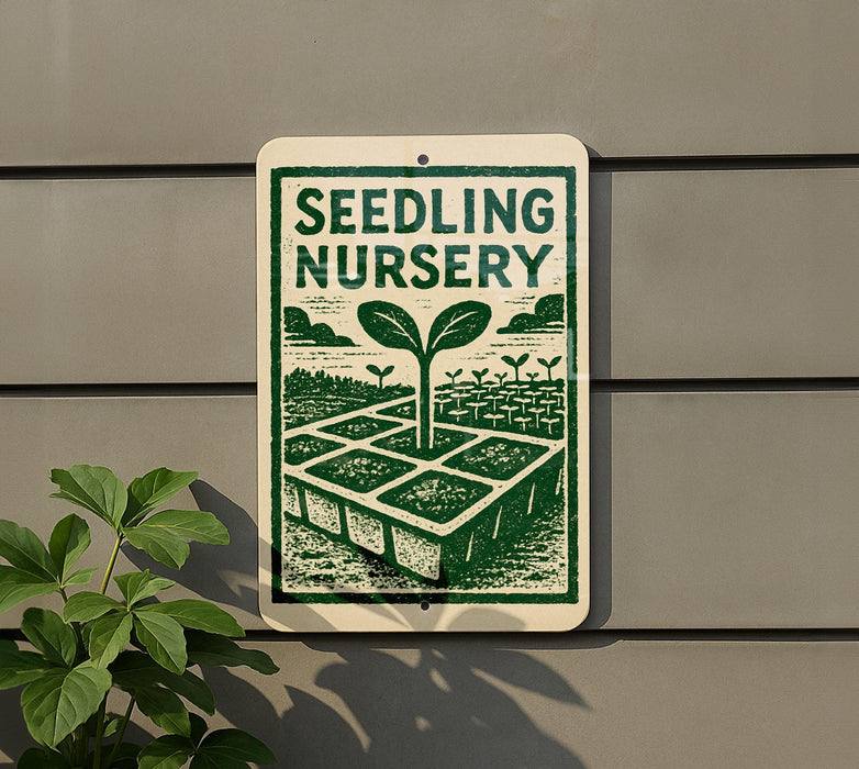 a sign for a "Seedling Nursery" with a plant illustration on it, mounted on a wall next to a plant.
