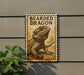 a sign with a bearded dragon illustration on it, mounted on a wall next to a plant.