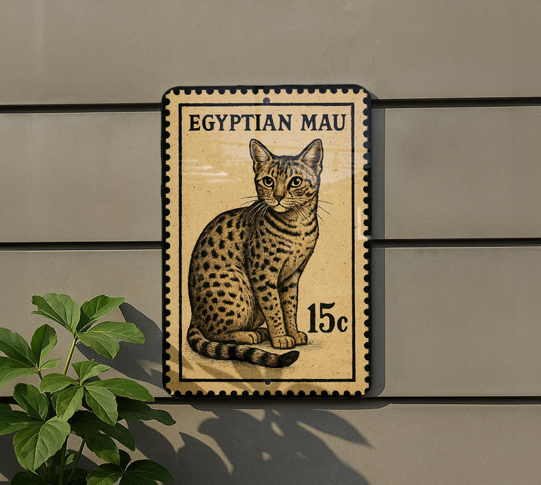 a stamp-like sign with an illustration of a cat, mounted on a wall.