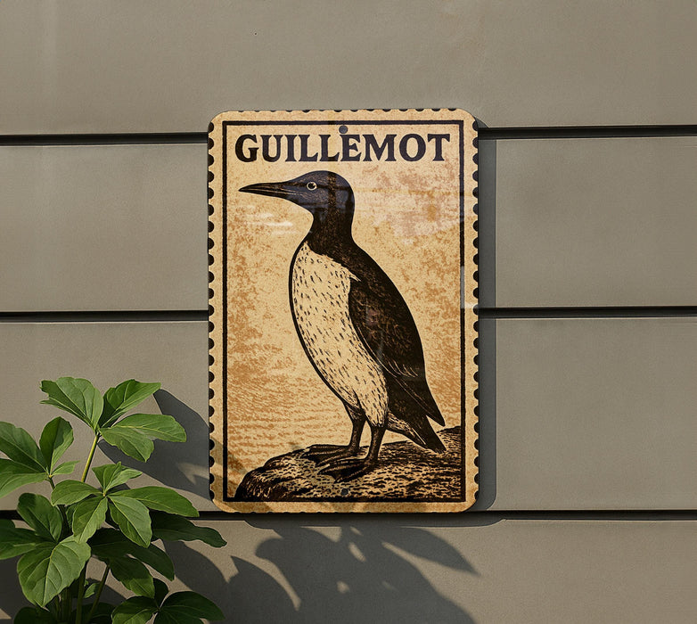 a wooden sign with a bird illustration, mounted on a wall next to a plant.
