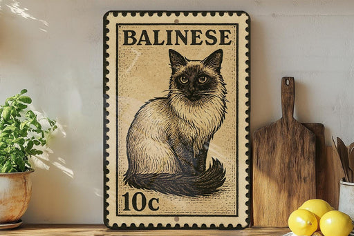 A framed illustration of a Siamese cat on a postage stamp, with the word "BALINESE" written above it. The cat is sitting on a wooden surface, and there are some potted plants and kitchen utensils visible in the background.