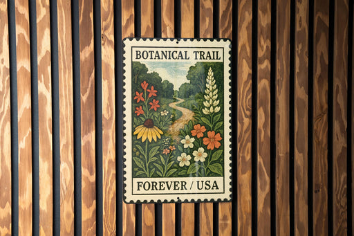 A vintage-style postage stamp featuring a lush, colorful garden scene with flowers and a winding path, mounted on a wooden wall.