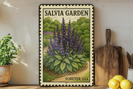 A framed poster of purple flowers is displayed on a shelf, with a wooden cutting board and a potted plant to the left.