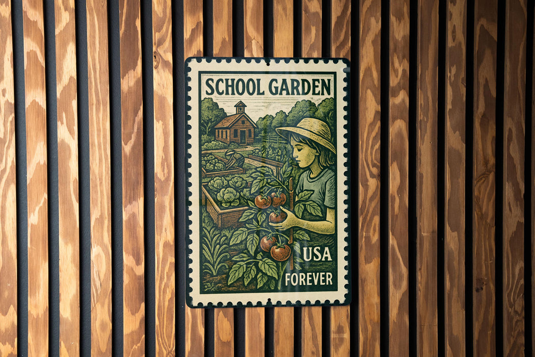 A green and white postage stamp featuring a woman tending to a garden, with the text "SCHOOL GARDEN USA FOREVER" printed on it.