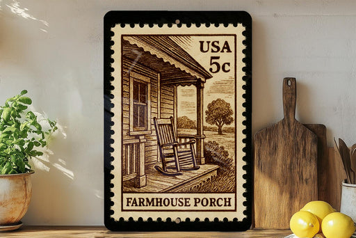 A framed image of a porch with a rocking chair, surrounded by various kitchen utensils and a potted plant, all set against a white wall.