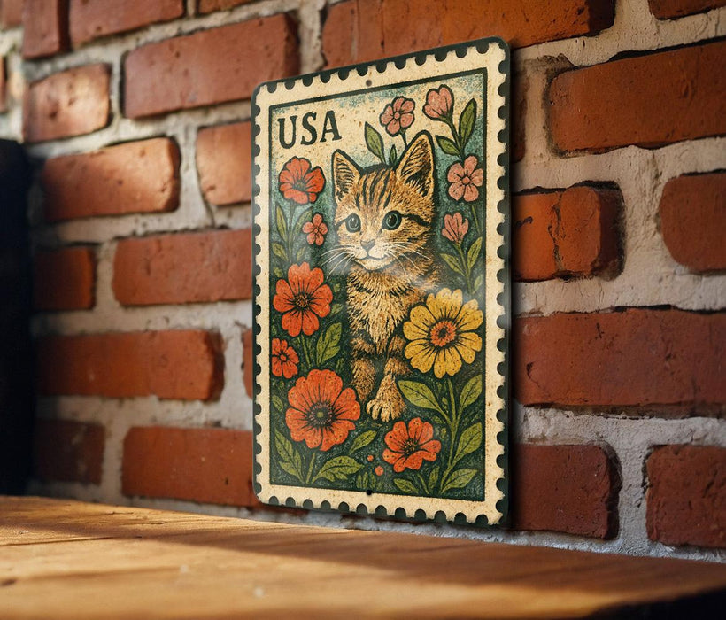 A framed illustration of a cat surrounded by flowers is displayed on a brick wall.