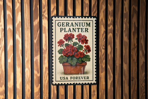 A vintage-style postage stamp featuring a potted geranium plant, mounted on a wooden wall.
