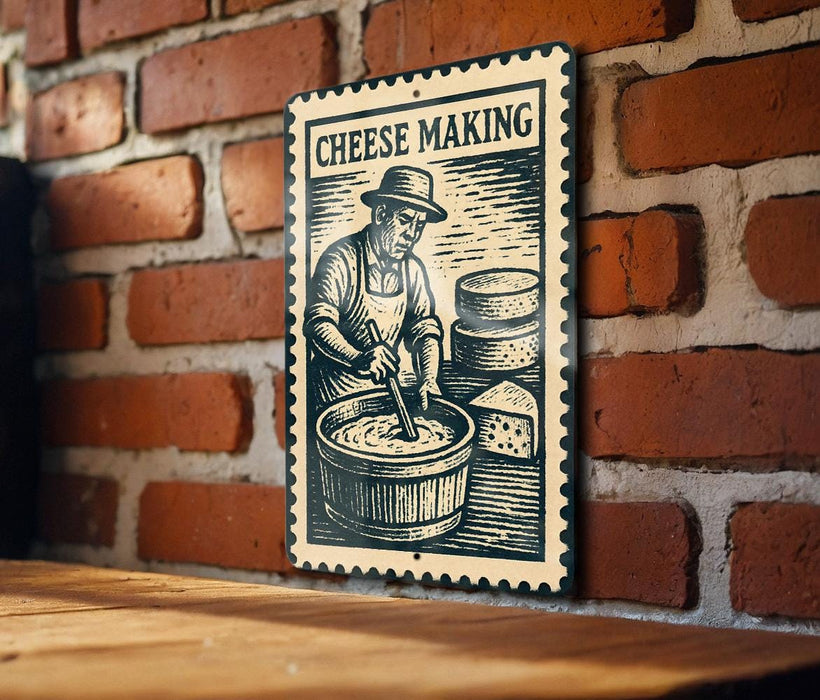A sign with the title "Cheese Making" is displayed on a brick wall, featuring an illustration of a person making cheese.