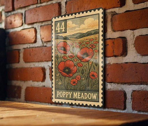 A metal stamp with a floral design and the number 44 is displayed on a brick wall.