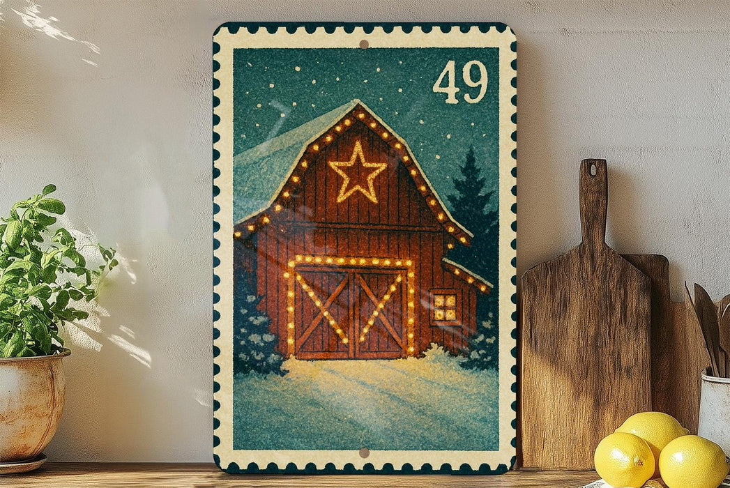 A framed illustration of a wooden barn with a star on the roof, surrounded by a snowy landscape, is displayed on a wall.