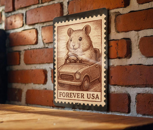 A wooden table with a brick wall in the background, and a framed stamp-like image of a hamster driving a car on the table.