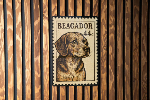 A postage stamp featuring a dog's head is displayed on a wooden wall.