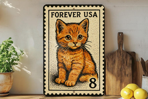 A vintage-style metal stamp featuring a cat illustration, placed on a wooden surface next to a wooden cutting board and some lemons.