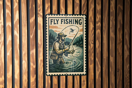 A metal sign with a man fishing in a river, surrounded by a wooden fence.
