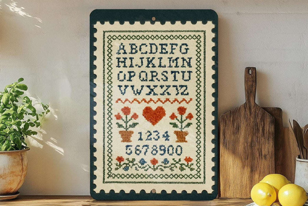 a cross-stitch pattern with the alphabet and numbers, displayed on a wooden surface next to a wooden cutting board and some potted plants.