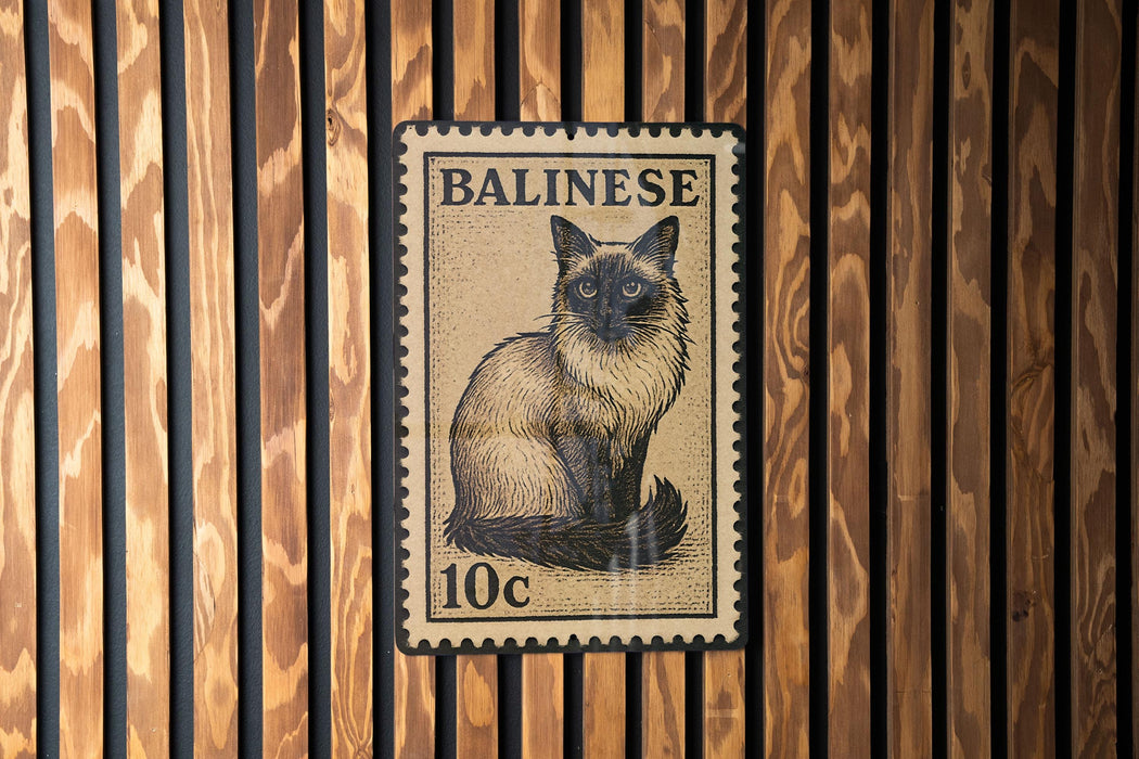 A metal stamp with a cat illustration on it, mounted on a wooden wall.