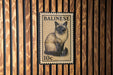 A metal stamp with a cat illustration on it, mounted on a wooden wall.