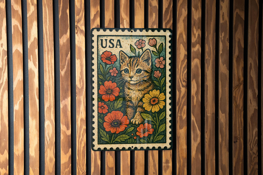 A vintage-style postage stamp featuring a cat surrounded by colorful flowers, placed on a wooden wall.