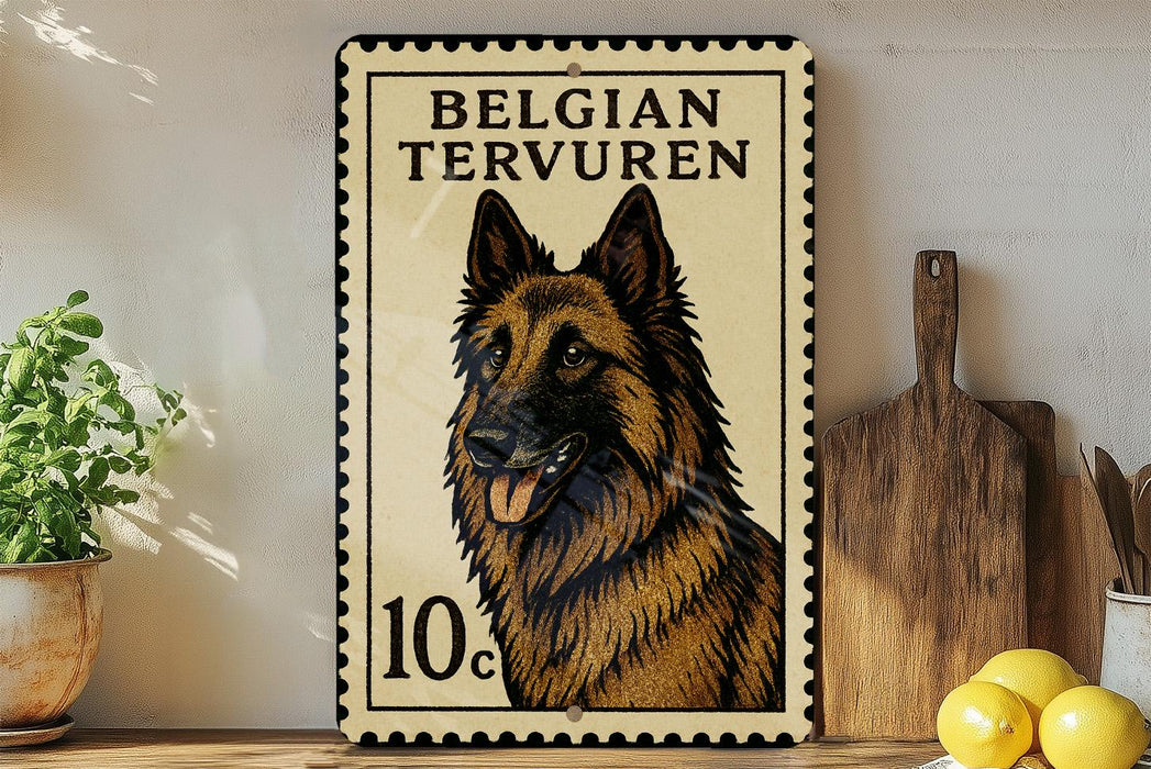 A metal sign featuring a close-up of a Belgian Terrier dog, with a postage stamp-like border.