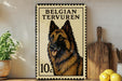 A metal sign featuring a close-up of a Belgian Terrier dog, with a postage stamp-like border.