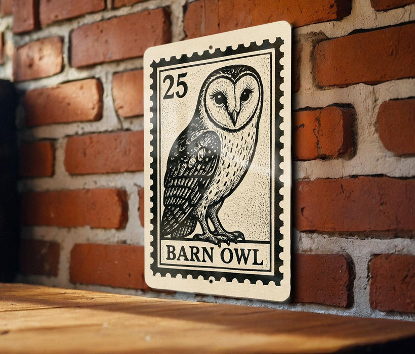 A metal sign featuring a barn owl illustration is mounted on a brick wall.
