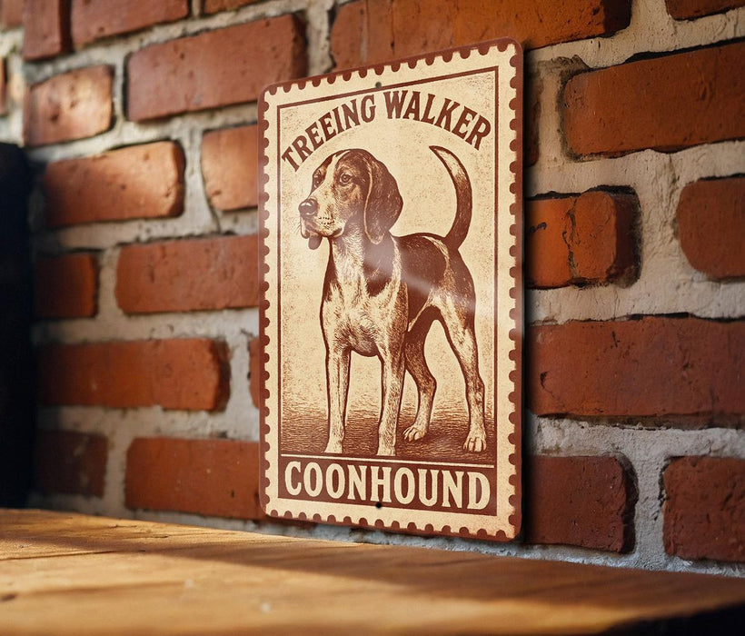 a sign with a picture of a beagle dog, mounted on a brick wall.