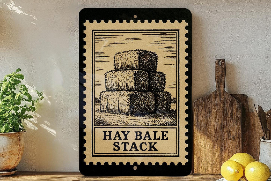 a framed illustration of hay bales stacked on top of each other, with the text "HAY BALE STACK" below the image.