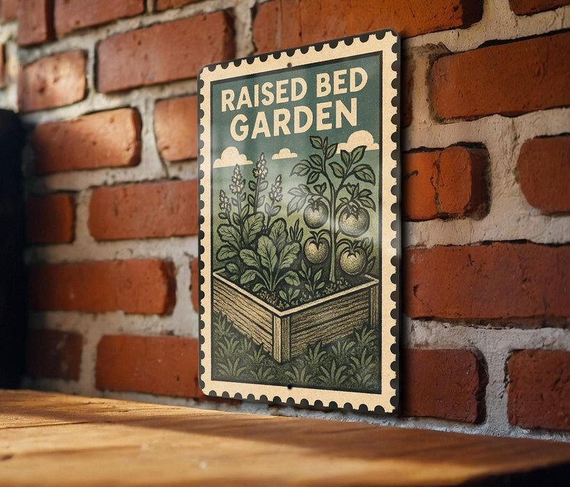 A raised bed garden sign is displayed on a brick wall, featuring an illustration of a raised garden bed with plants and tomatoes.