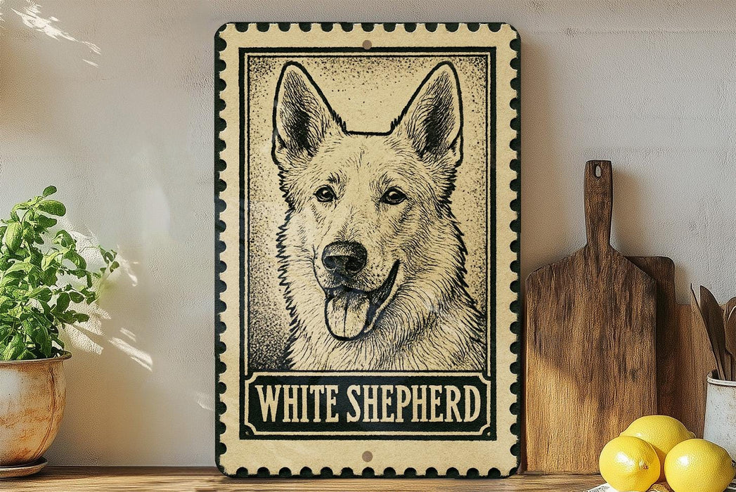 A framed illustration of a white shepherd dog is displayed on a shelf, accompanied by a wooden cutting board, a potted plant, and some lemons.