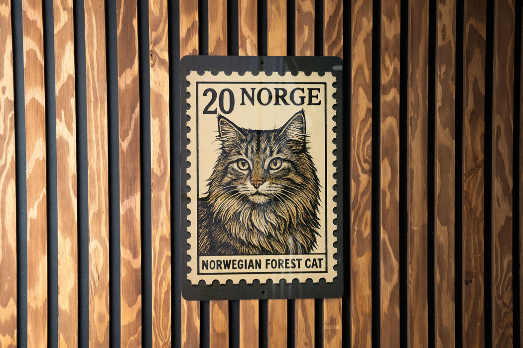 A wooden wall with a black and white postage stamp featuring a close-up of a Norwegian forest cat.