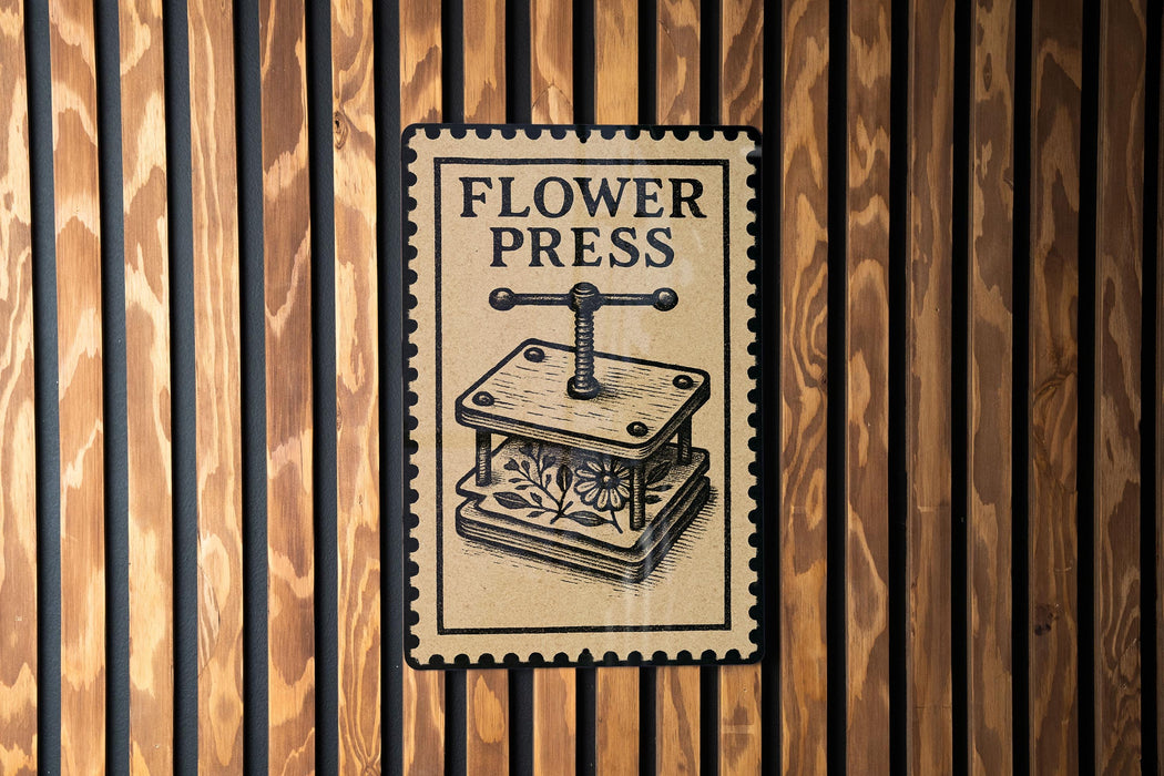 A sign for a "flower press" is displayed on a wooden wall.