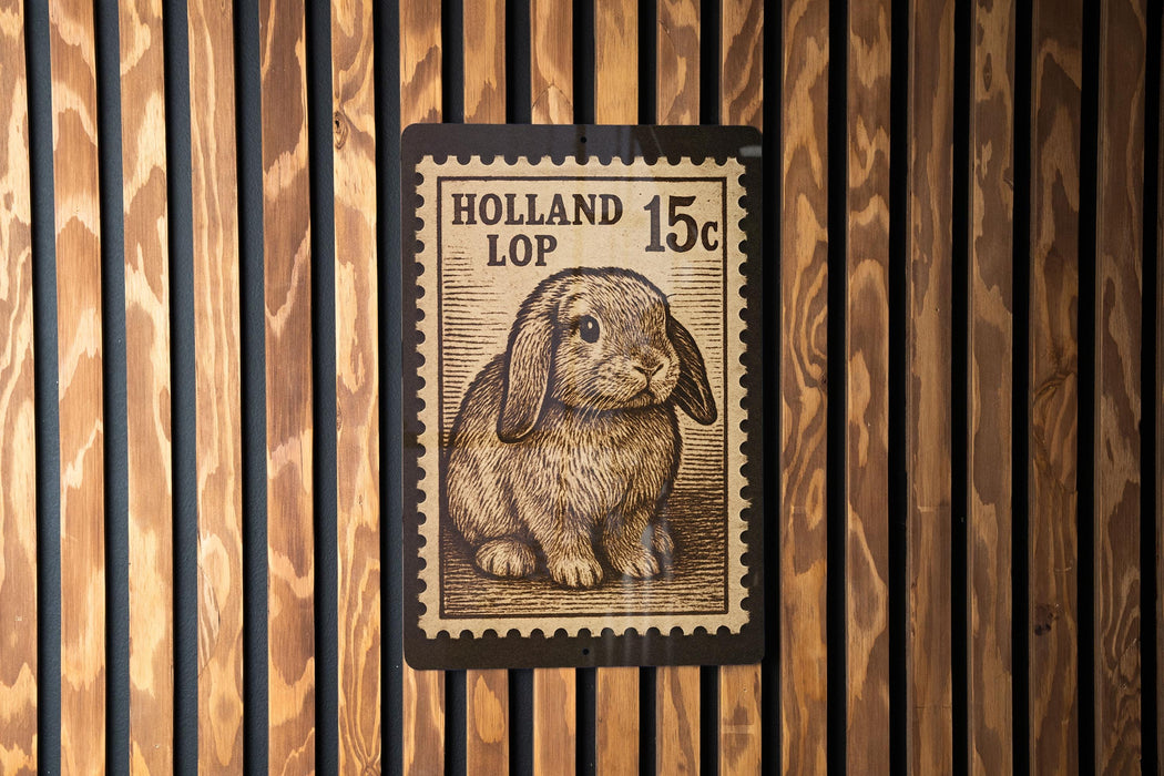 A postage stamp featuring a rabbit on a wooden background.