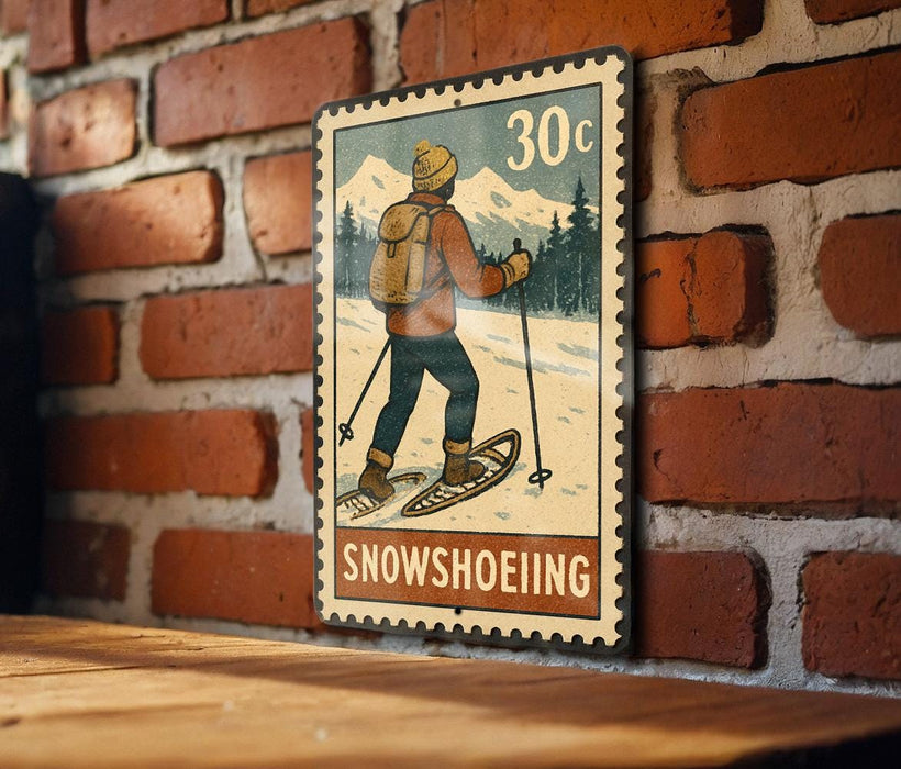 A vintage-style stamp depicting a person skiing on snowshoes, with the word "SNOWSHOING" written below the illustration.