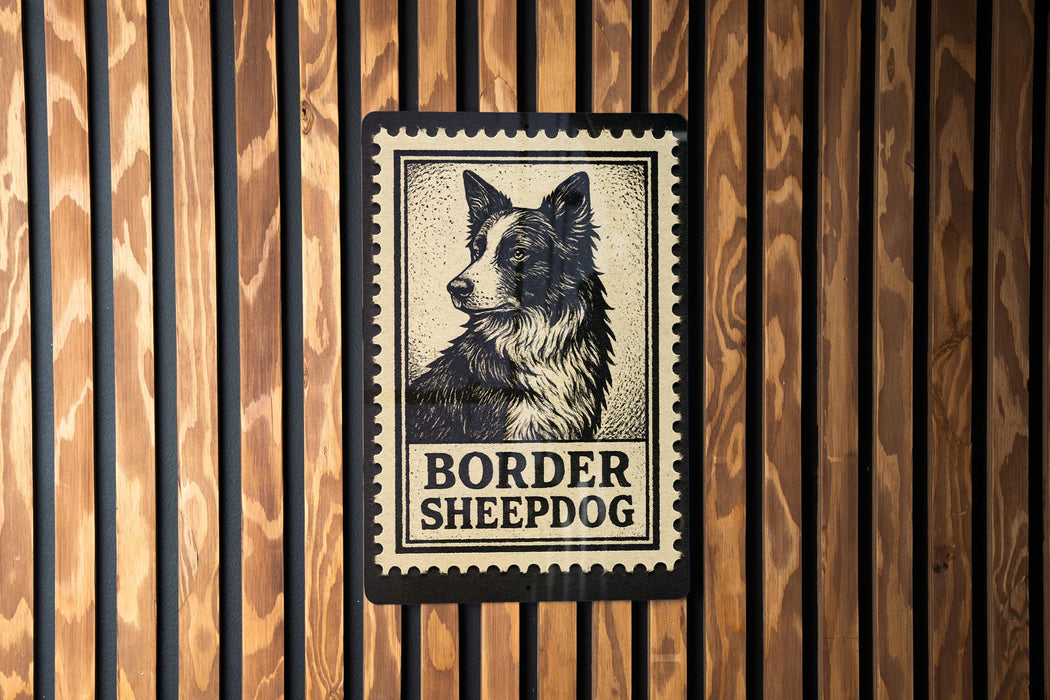 A black and white border stamp featuring a close-up of a Border Sheepad dog.