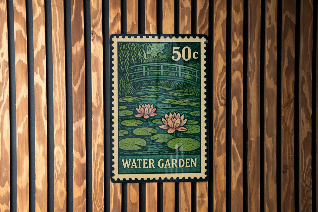 A green and white postage stamp with a water garden illustration, mounted on a wooden wall.