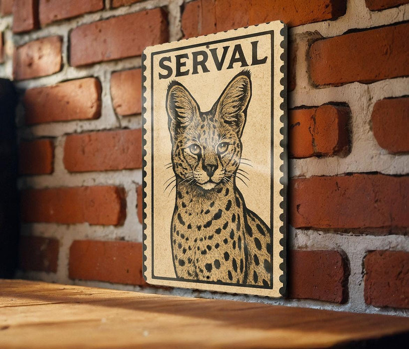 A framed illustration of a serval cat is displayed on a brick wall.