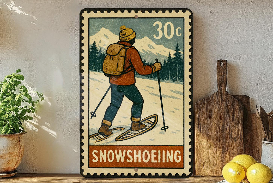 A vintage-style metal sign depicting a person skiing on a snowy mountain, with the word "SNOWSHOEEING" written below the illustration.