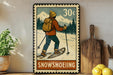 A vintage-style metal sign depicting a person skiing on a snowy mountain, with the word "SNOWSHOEEING" written below the illustration.