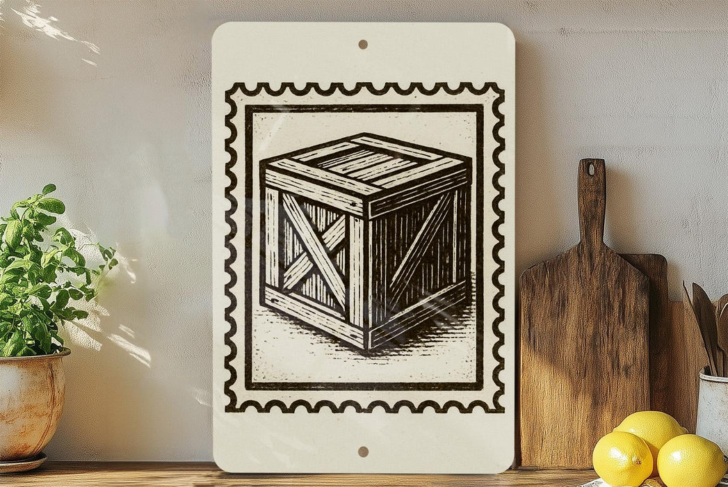 a wooden crate with a decorative border, placed on a shelf next to a wooden cutting board and some potted plants.