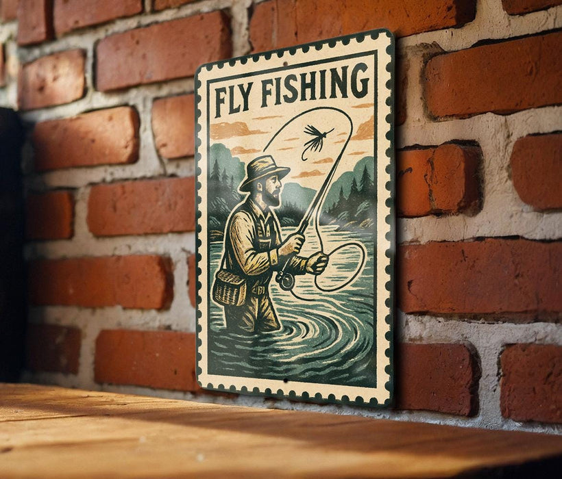 A vintage-style sign with a man fishing in a river, mounted on a brick wall.