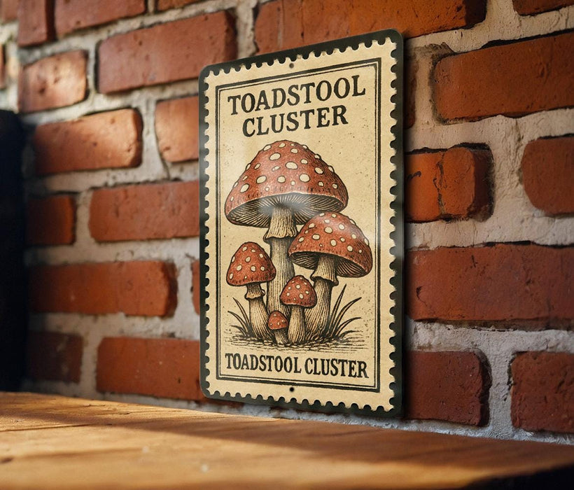 A metal sign with a mushroom illustration is mounted on a brick wall.