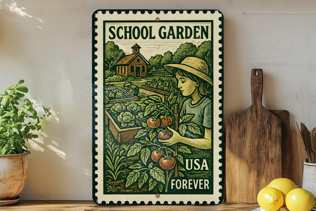 A metal sign with a woman tending to a garden, surrounded by potted plants and a wooden cutting board, with a "USA FOREVER" inscription.