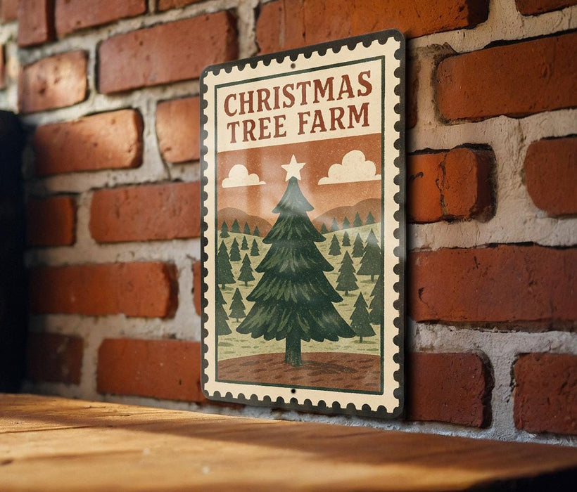 A Christmas tree farm sign is displayed on a brick wall, featuring a large illustration of a Christmas tree and a scenic landscape.