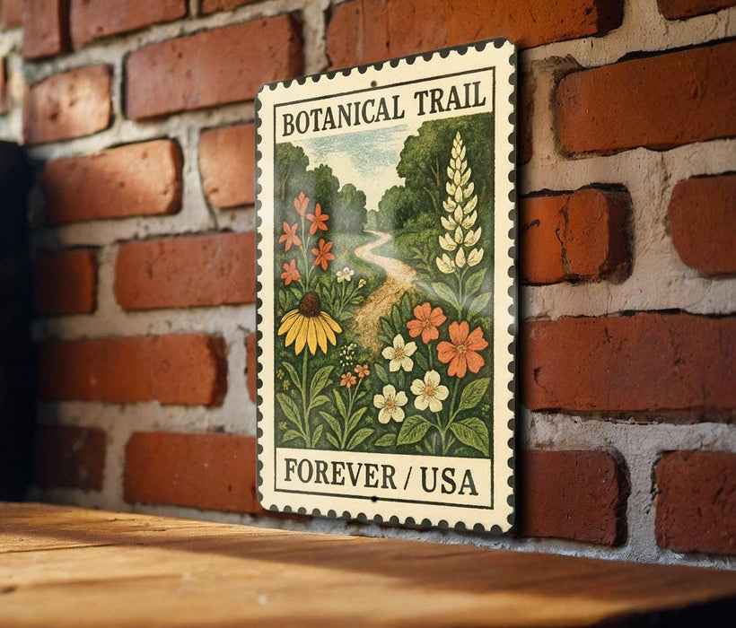 A vintage-style botanical trail stamp is displayed on a brick wall, featuring a lush, colorful illustration of flowers and plants.
